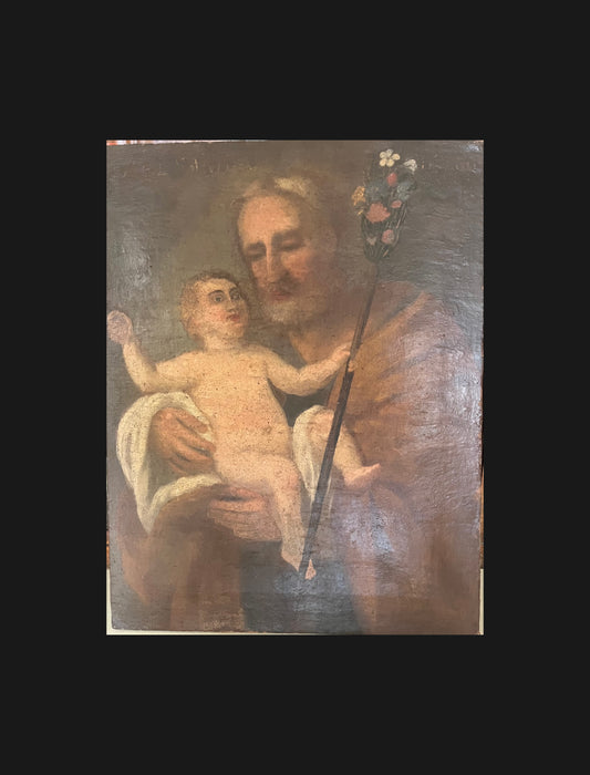 Dipinto Antico San Giuseppe con verga e Bambino, Olio su Tela Fine '700 / Primo '800