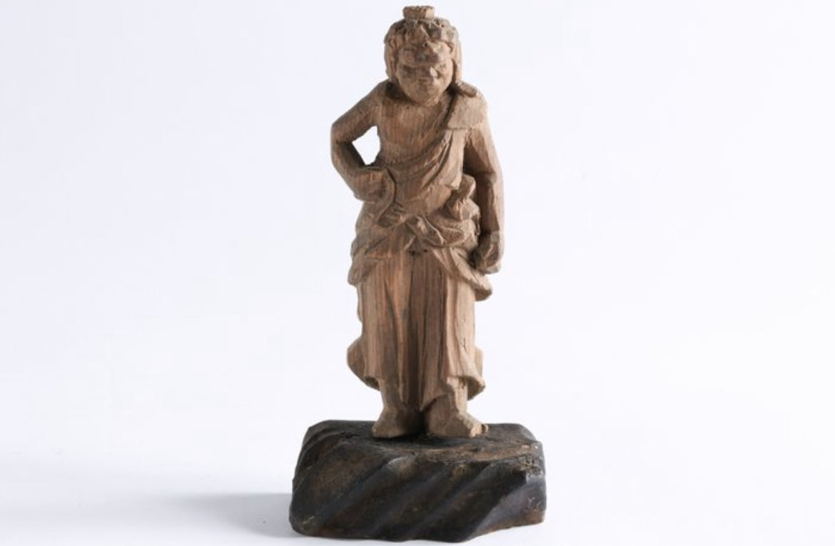 Antica Statua Buddista Giapponese in Legno – Scultura Minshubutsu, Accolito Doji (Fudo Myoo), Periodo Edo/Meiji