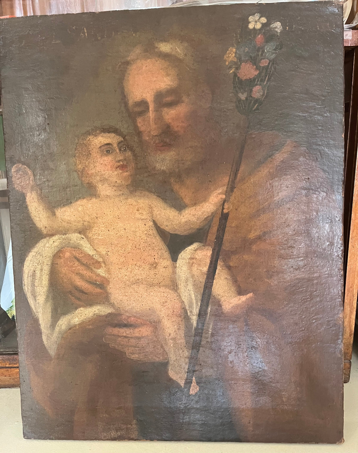 Dipinto Antico San Giuseppe con verga e Bambino, Olio su Tela Fine '700 / Primo '800