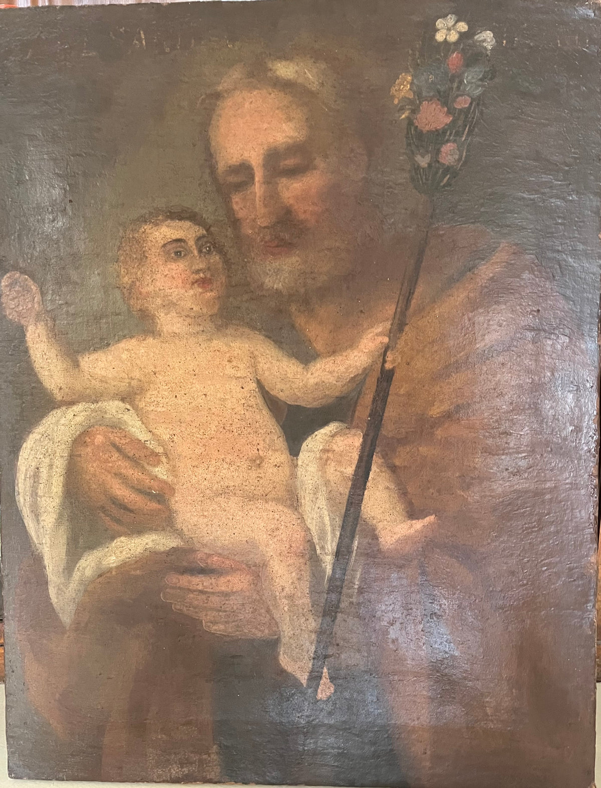 Dipinto Antico San Giuseppe con verga e Bambino, Olio su Tela Fine '700 / Primo '800