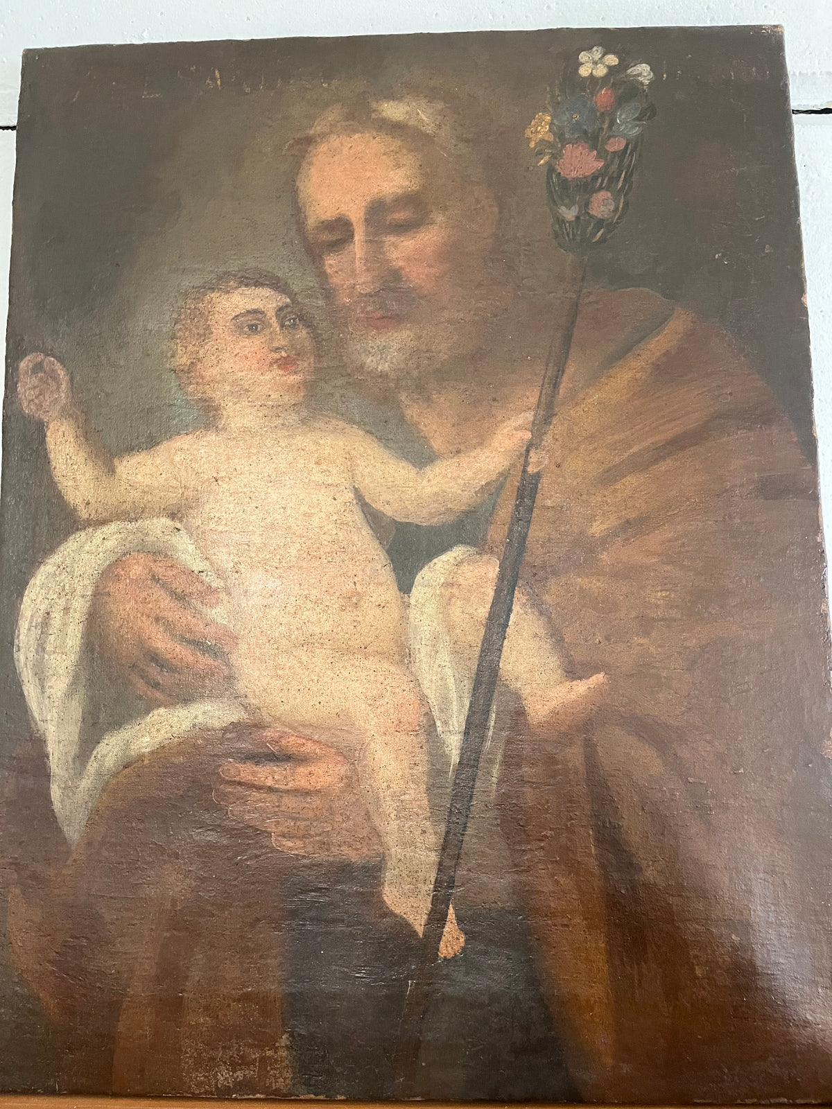 Dipinto Antico San Giuseppe con verga e Bambino, Olio su Tela Fine '700 / Primo '800