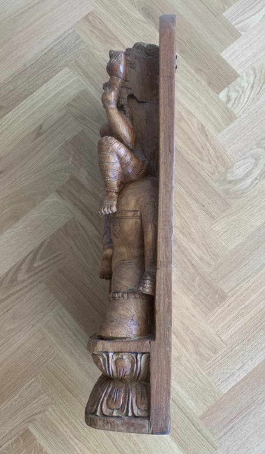 Pannello d'Arredo Indiano in Legno massiccio Intagliato 62cm – Scultura Divinità Indiane Shiva e Parvati su Elefante