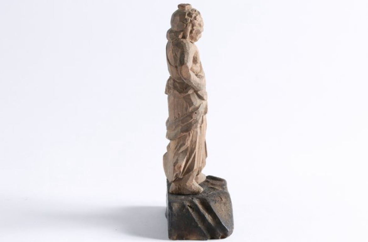 Antica Statua Buddista Giapponese in Legno – Scultura Minshubutsu, Accolito Doji (Fudo Myoo), Periodo Edo/Meiji