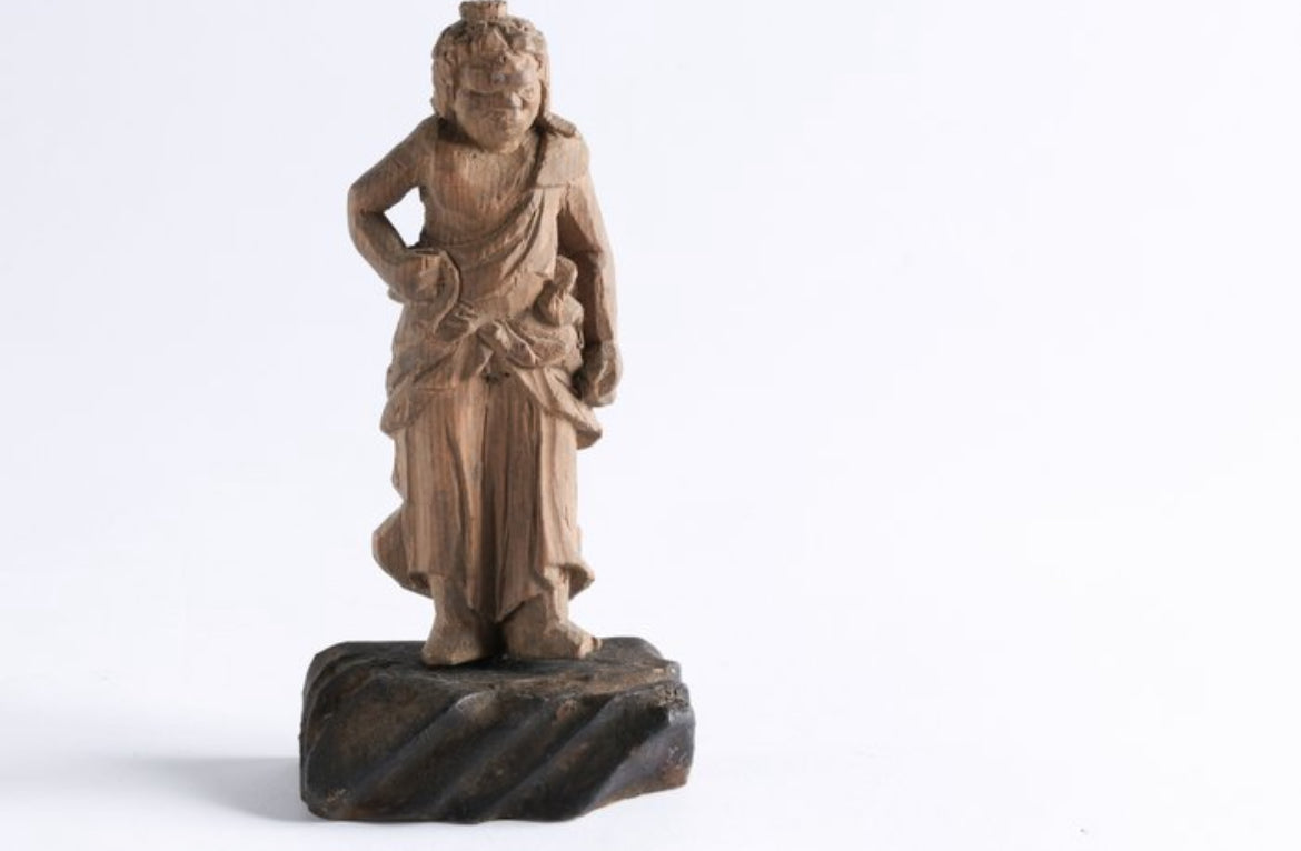 Antica Statua Buddista Giapponese in Legno – Scultura Minshubutsu, Accolito Doji (Fudo Myoo), Periodo Edo/Meiji
