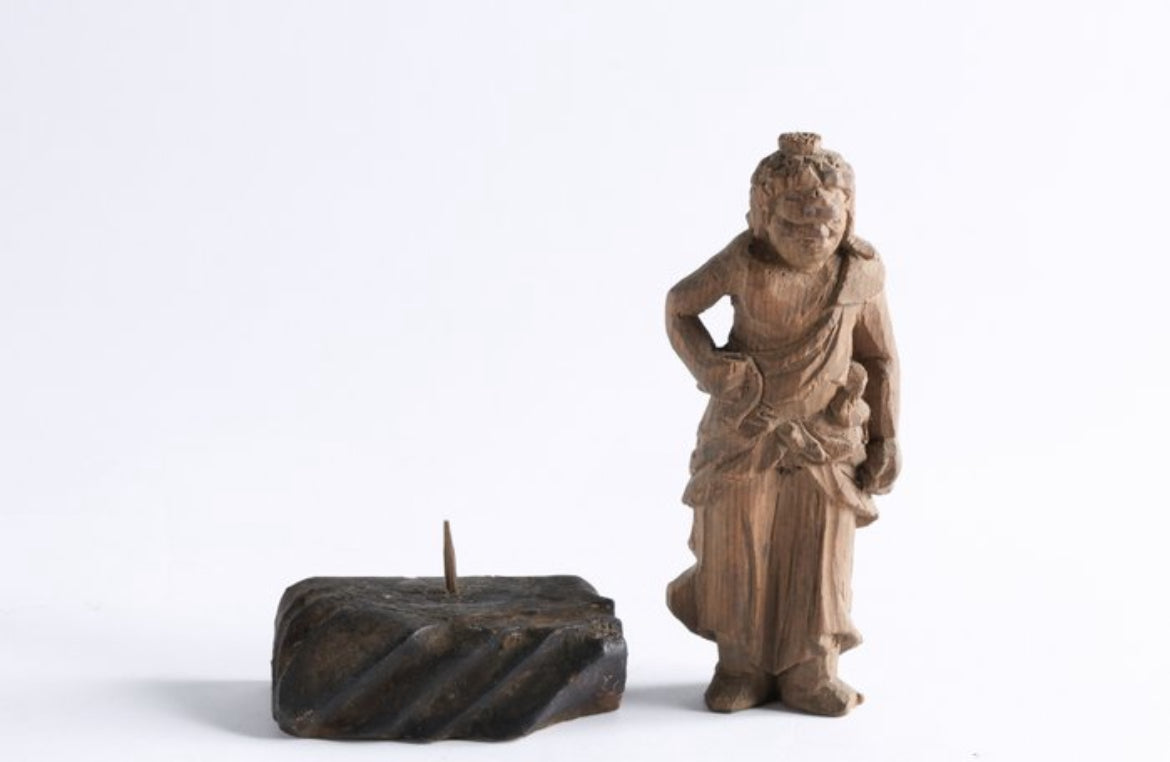 Antica Statua Buddista Giapponese in Legno – Scultura Minshubutsu, Accolito Doji (Fudo Myoo), Periodo Edo/Meiji
