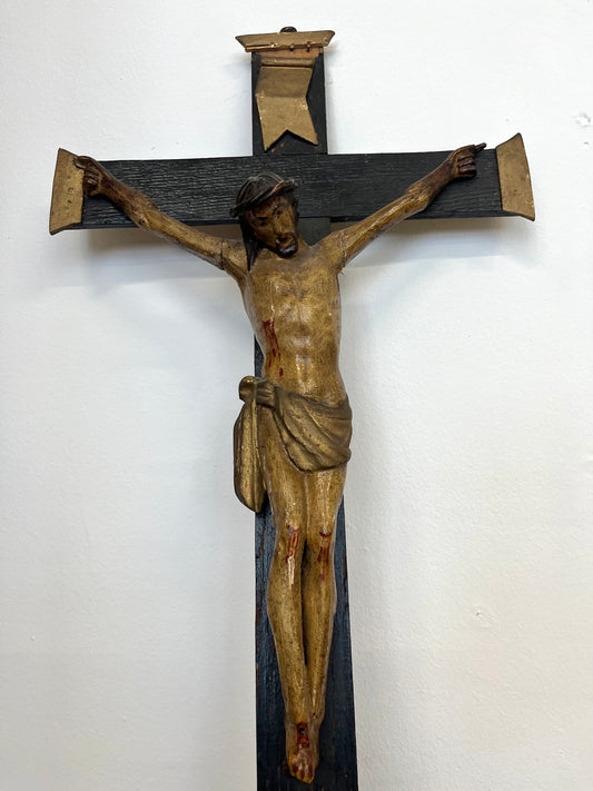 Antico Crocifisso in Legno Intagliato e Policromo con Madonna Addolorata – XVIII Secolo (71x29 cm)
