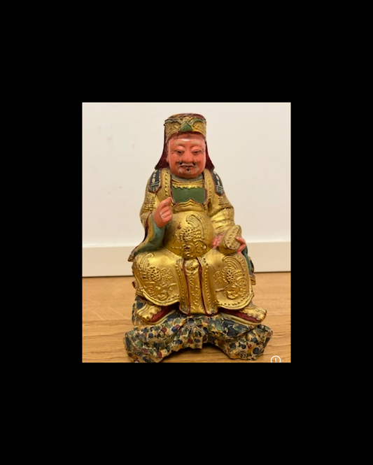 Antica Statuina Cinese Tudigong in Legno Intagliato e Dorato - Dinastia Qing, XIX Secolo