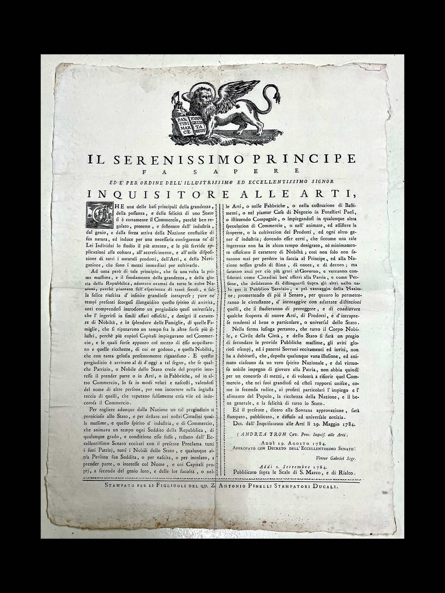Proclamation of the Republic of Venice 1784 - Inquisitor of the Arts - Andrea Tron
