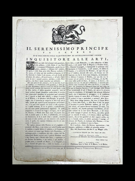 Proclama Repubblica di Venezia 1784 - Inquisitore alle Arti - Andrea Tron