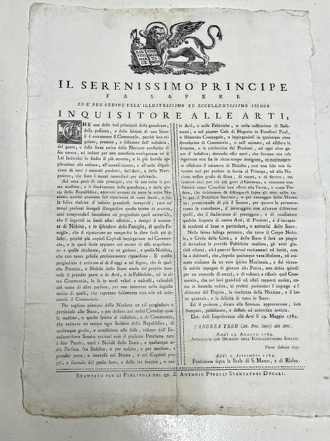 Proclamation of the Republic of Venice 1784 - Inquisitor of the Arts - Andrea Tron