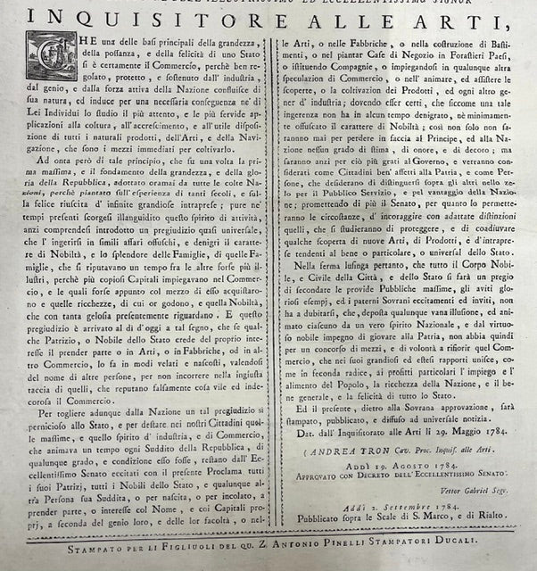 Proclamation of the Republic of Venice 1784 - Inquisitor of the Arts - Andrea Tron