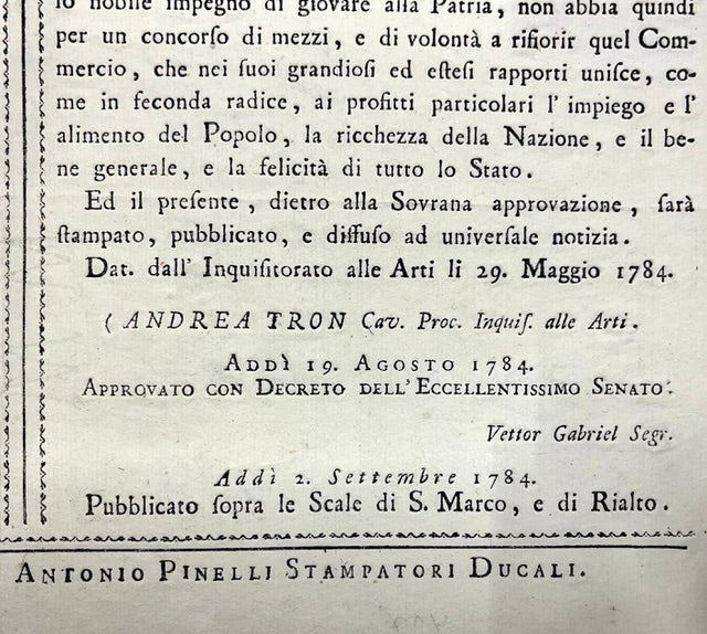 Proclamation of the Republic of Venice 1784 - Inquisitor of the Arts - Andrea Tron
