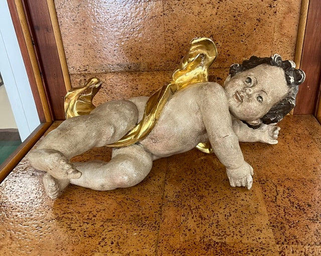 Putto Alato Barocco in Legno Intagliato, Policromo e Dorato – XVII-XVIII Secolo, H 40 cm
