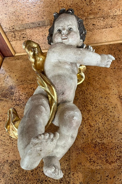 Putto Alato Barocco in Legno Intagliato, Policromo e Dorato – XVII-XVIII Secolo, H 40 cm