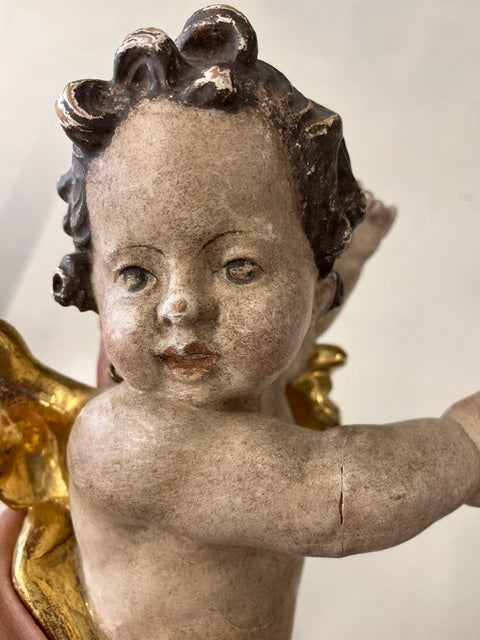 Putto Alato Barocco in Legno Intagliato, Policromo e Dorato – XVII-XVIII Secolo, H 40 cm
